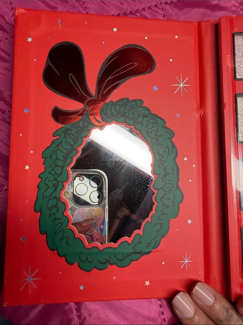 Holiday-Themed Red Eyeshadow Palette with Green Wreath Mirror